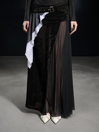 NORTH NODE Flocked Mesh Patchwork Asymmetrical Ruffle Women&