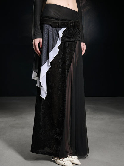 NORTH NODE Flocked Mesh Patchwork Asymmetrical Ruffle Women&