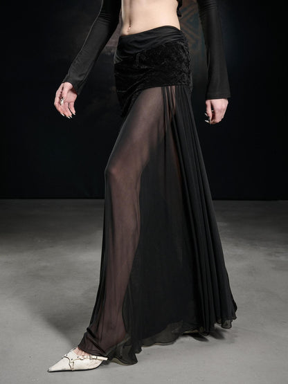 NORTH NODE Flocked Mesh Patchwork Asymmetrical Ruffle Women&