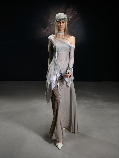 NORTH NODE Flocked Mesh Patchwork Asymmetrical Ruffle Women&
