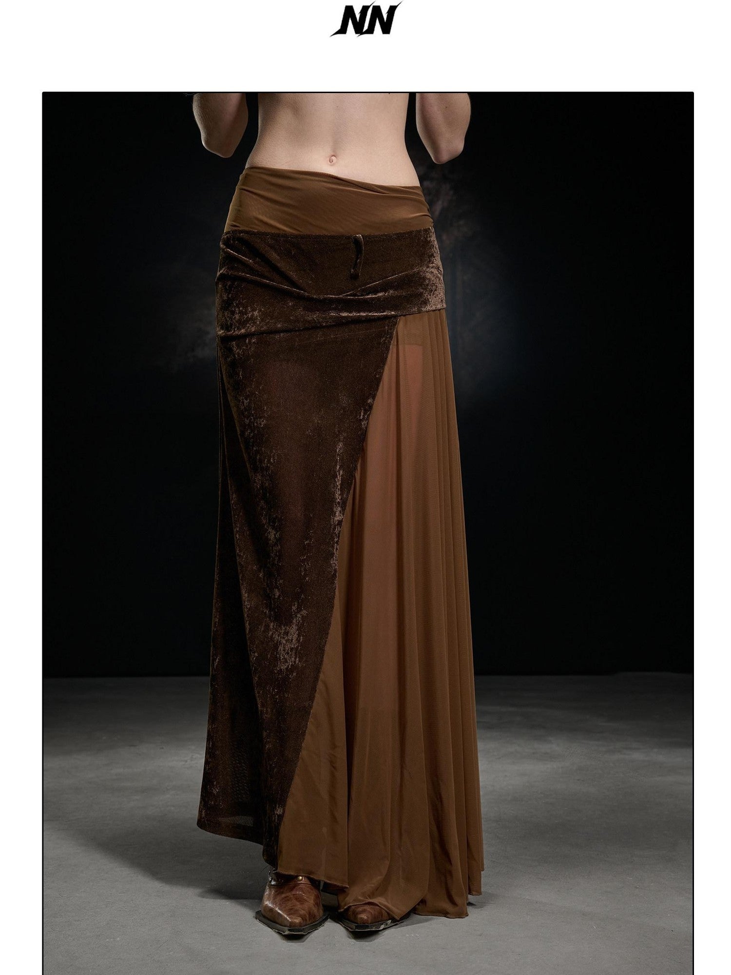 NORTH NODE Flocked Mesh Patchwork Asymmetrical Ruffle Women&