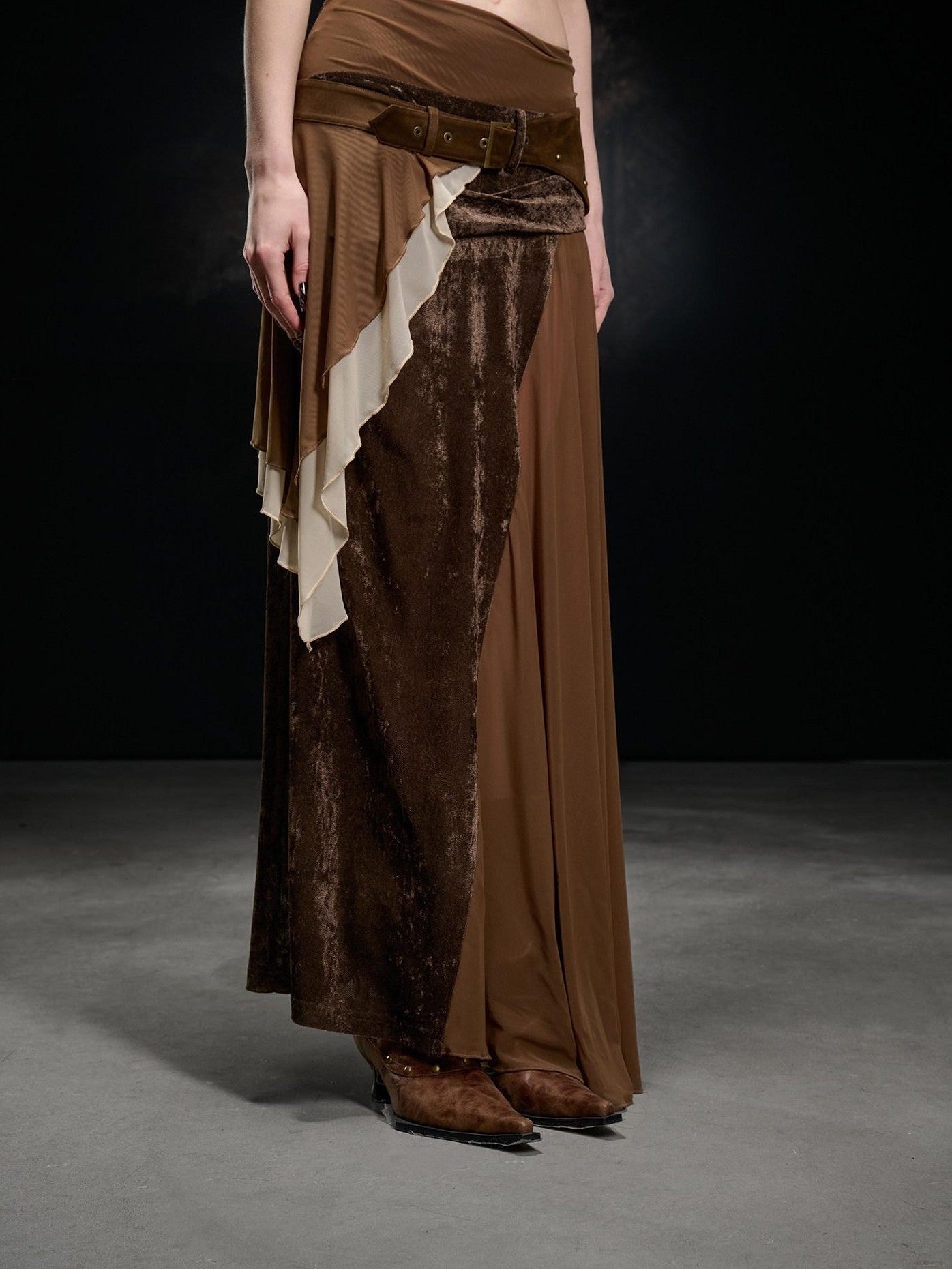 NORTH NODE Flocked Mesh Patchwork Asymmetrical Ruffle Women&