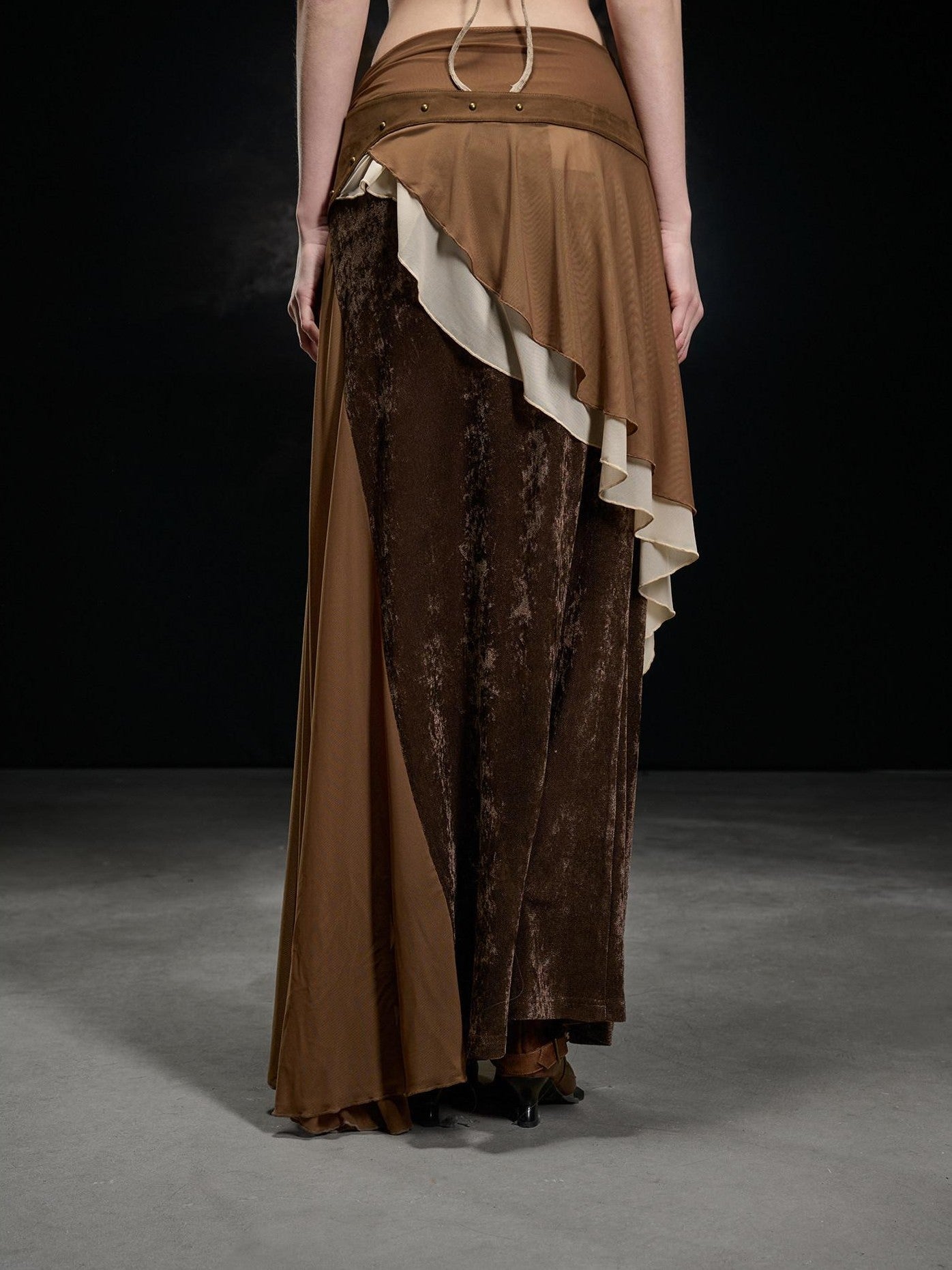 NORTH NODE Flocked Mesh Patchwork Asymmetrical Ruffle Women&
