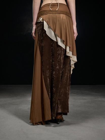 NORTH NODE Flocked Mesh Patchwork Asymmetrical Ruffle Women&