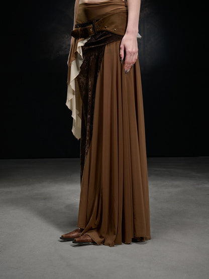 NORTH NODE Flocked Mesh Patchwork Asymmetrical Ruffle Women&