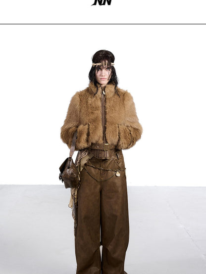 NORTH NODE Fluffy Spliced Layered Zipper Women&