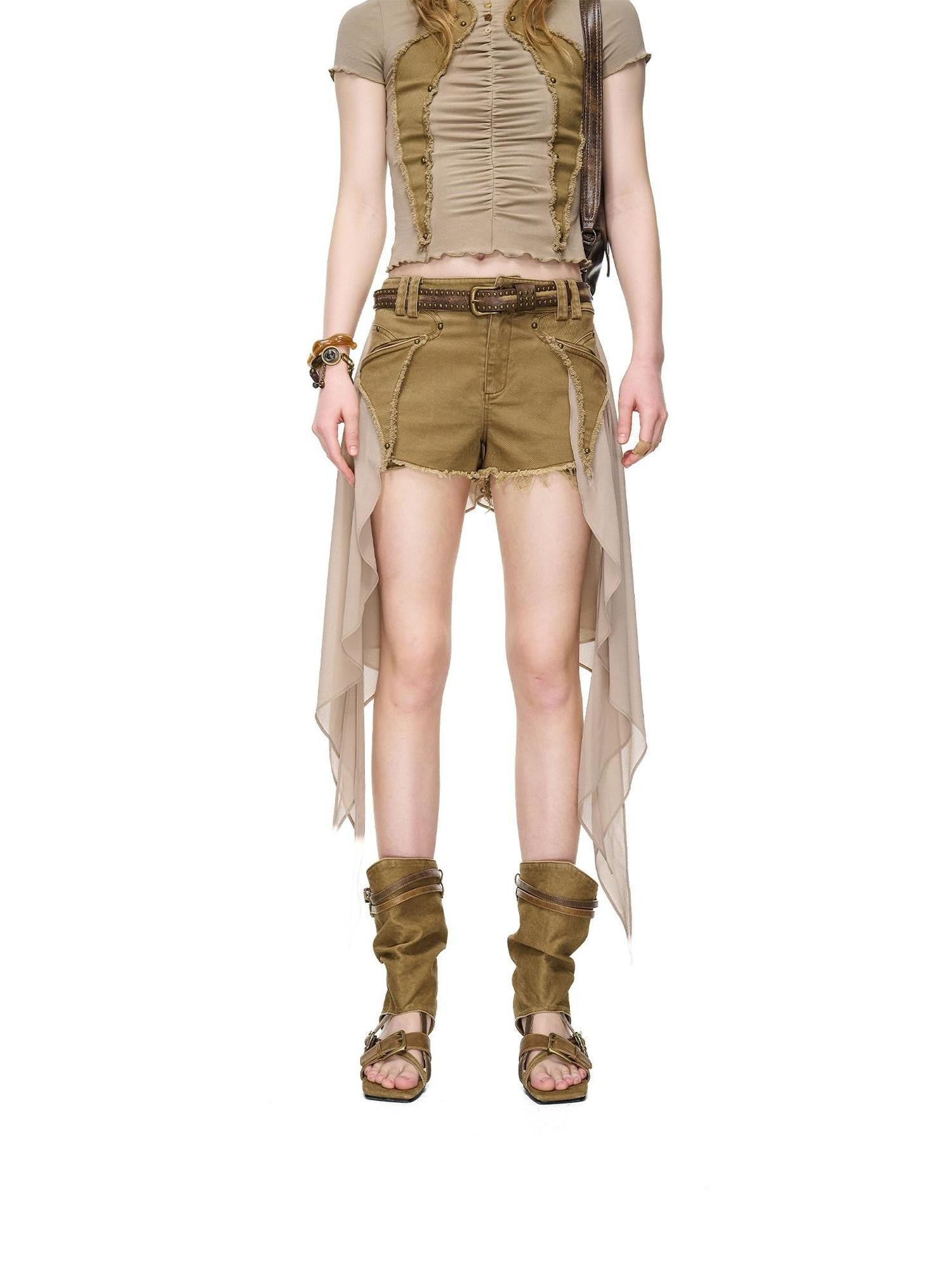 NORTH NODE Frayed Hem Patchwork Chiffon Panel Women&