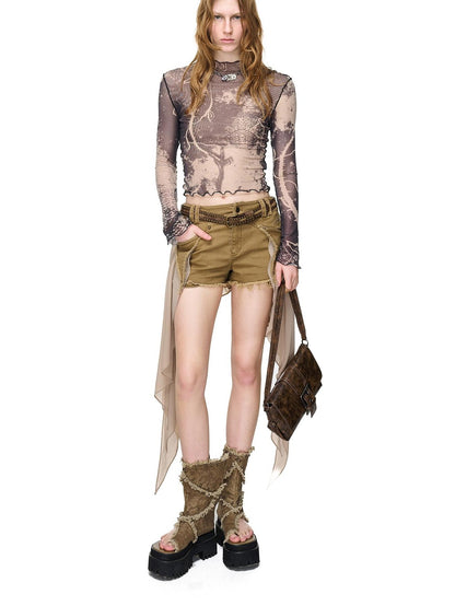 NORTH NODE Frayed Hem Patchwork Chiffon Panel Women&