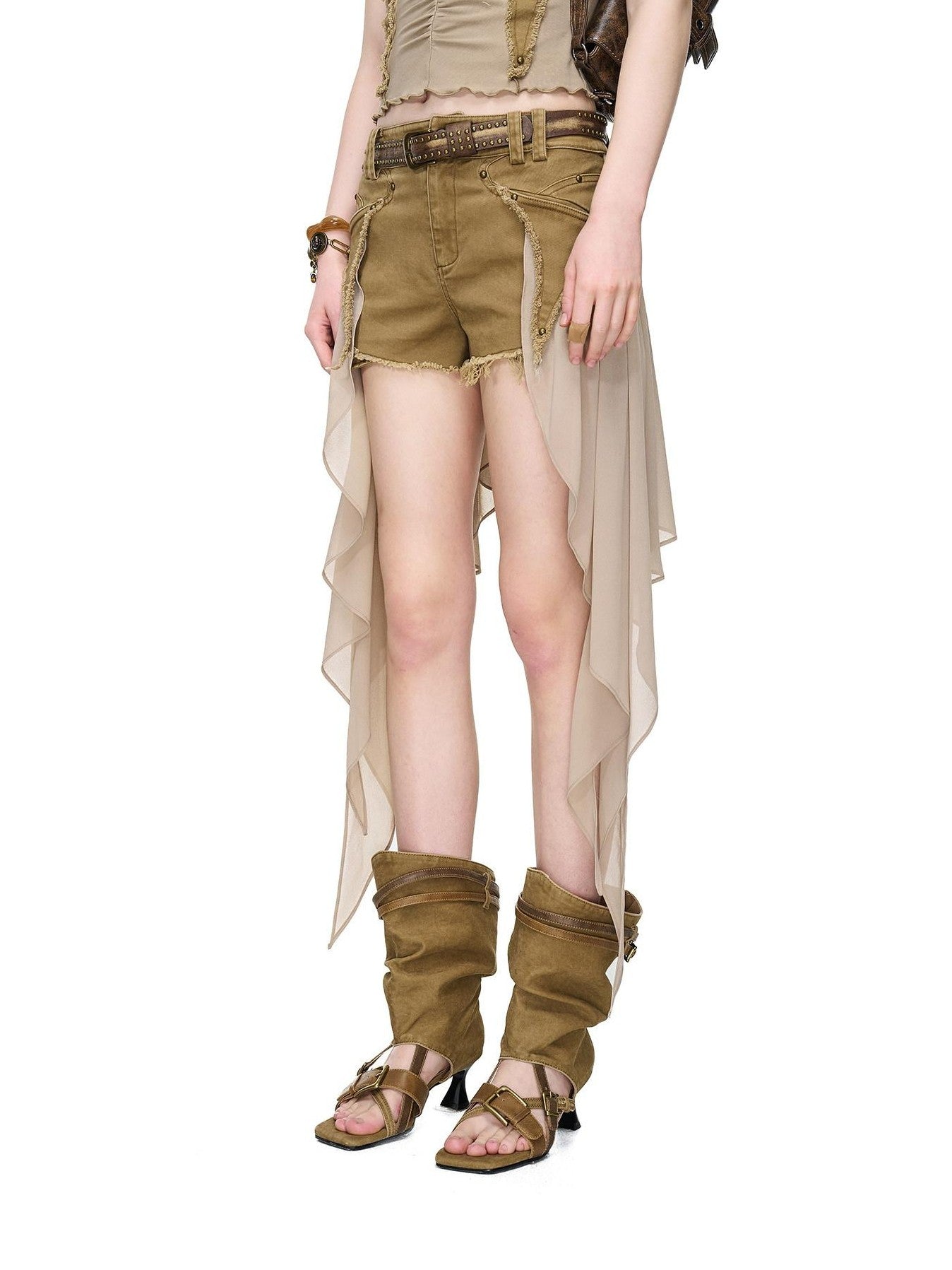 NORTH NODE Frayed Hem Patchwork Chiffon Panel Women&