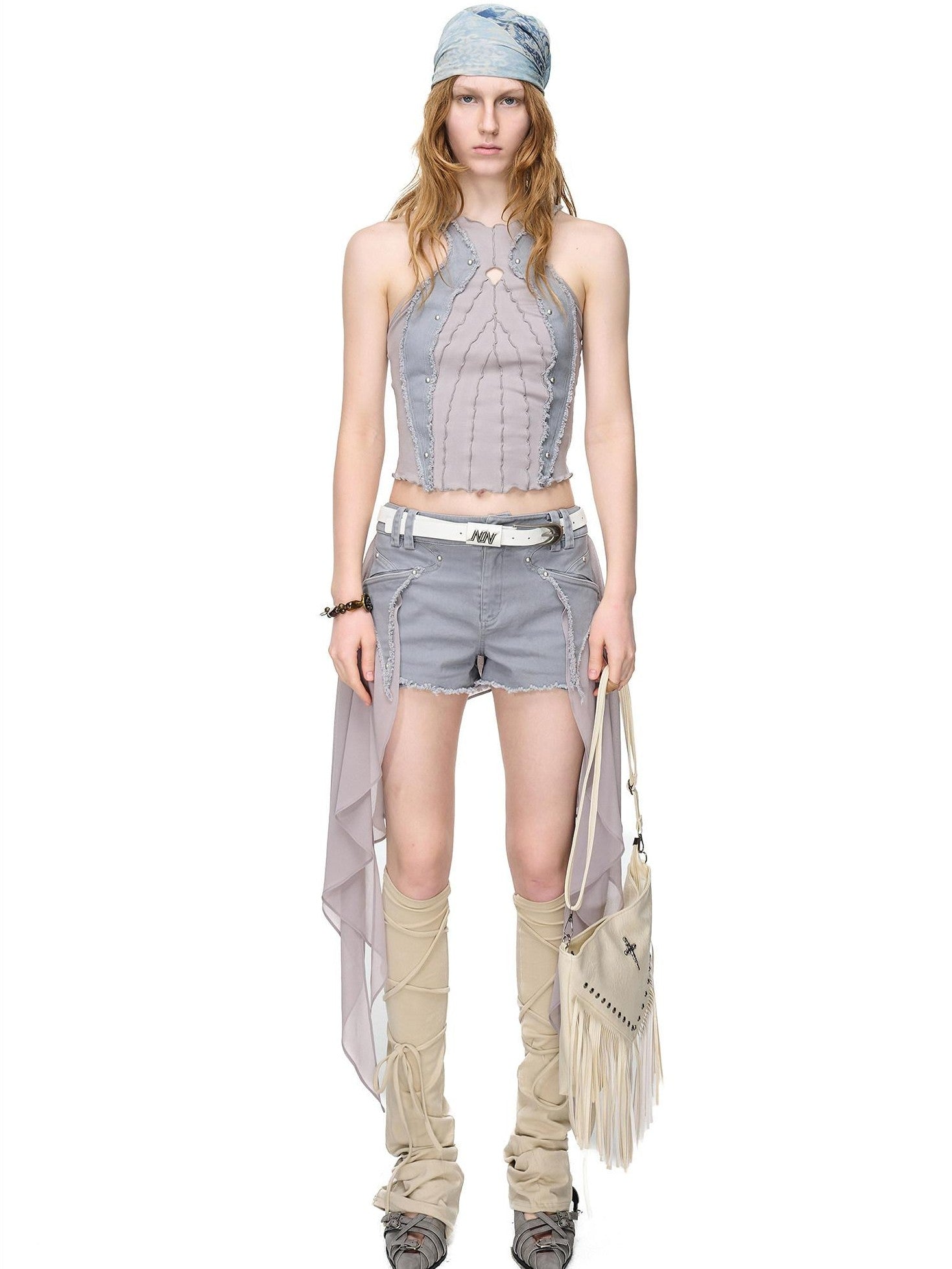 NORTH NODE Frayed Hem Patchwork Chiffon Panel Women&