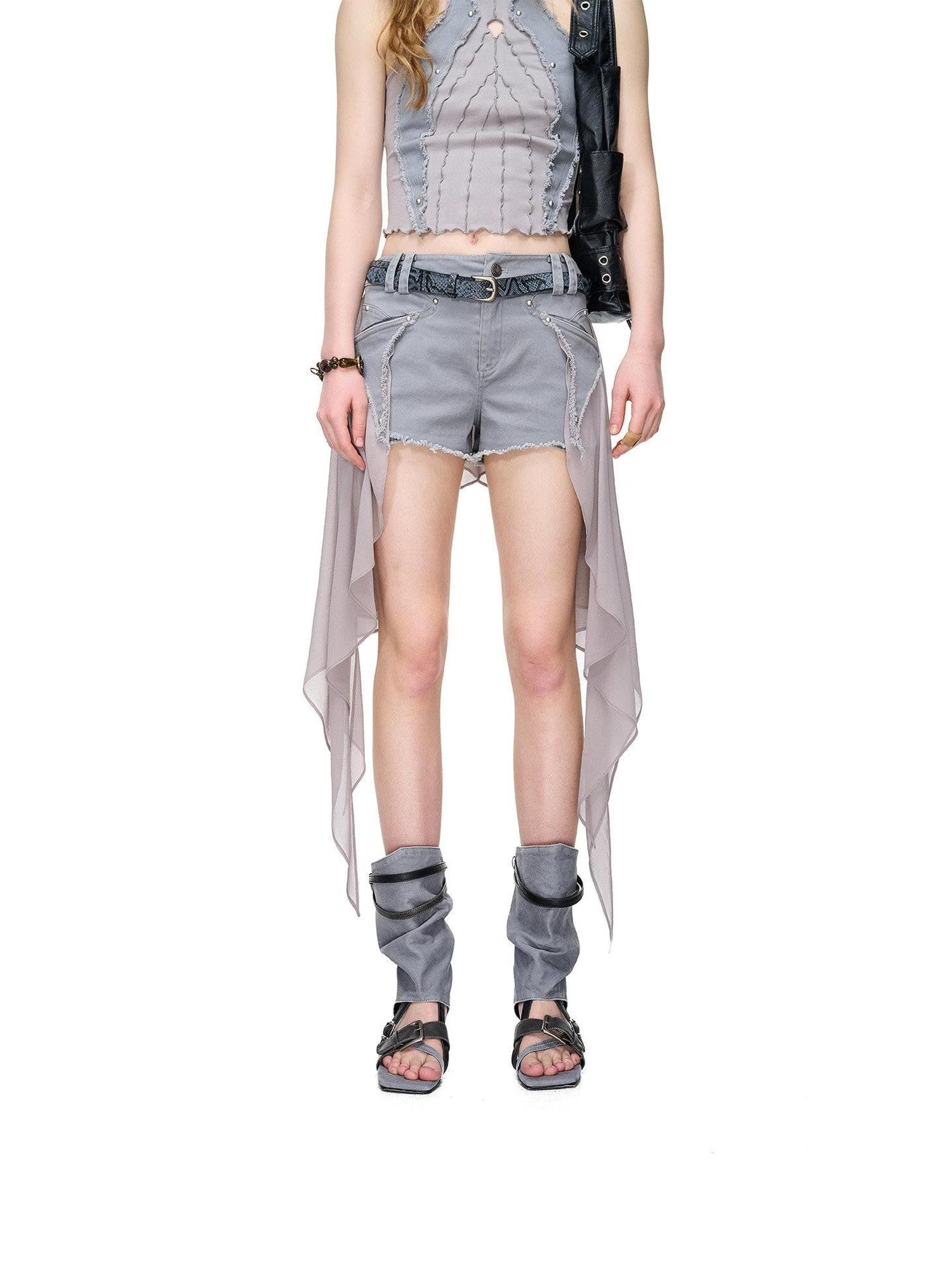 NORTH NODE Frayed Hem Patchwork Chiffon Panel Women&