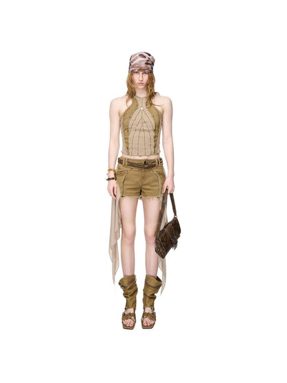 NORTH NODE Frayed Hem Patchwork Chiffon Panel Women&