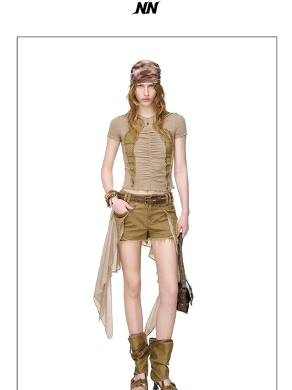 NORTH NODE Frayed Hem Patchwork Chiffon Panel Women&