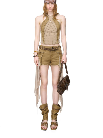 NORTH NODE Frayed Hem Patchwork Chiffon Panel Women&
