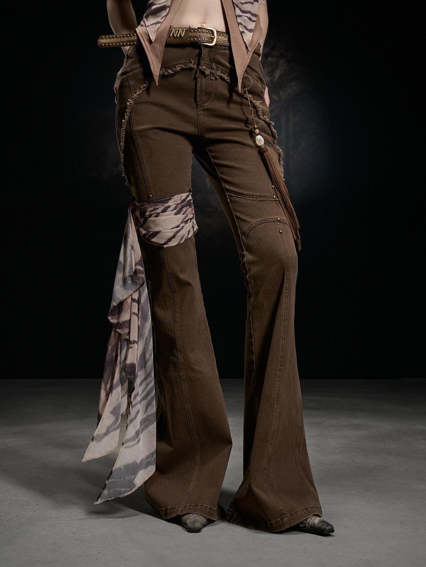 NORTH NODE Frayed Hem Washed Scarf Tie Natural Waist Women&