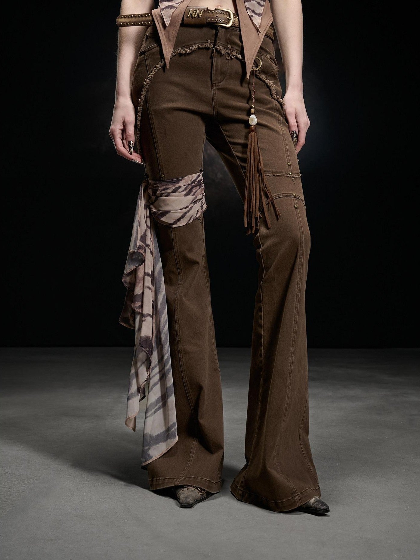 NORTH NODE Frayed Hem Washed Scarf Tie Natural Waist Women&
