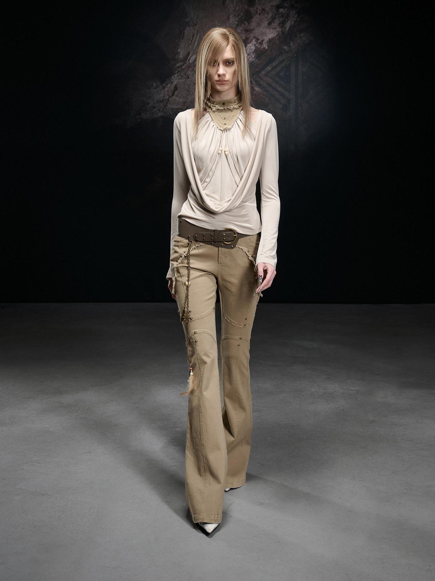 NORTH NODE Frayed Hem Washed Scarf Tie Natural Waist Women&