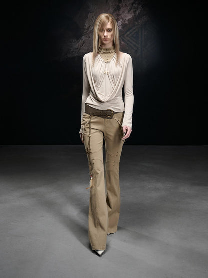 NORTH NODE Frayed Hem Washed Scarf Tie Natural Waist Women&