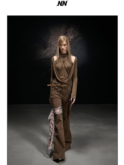 NORTH NODE Frayed Hem Washed Scarf Tie Natural Waist Women&