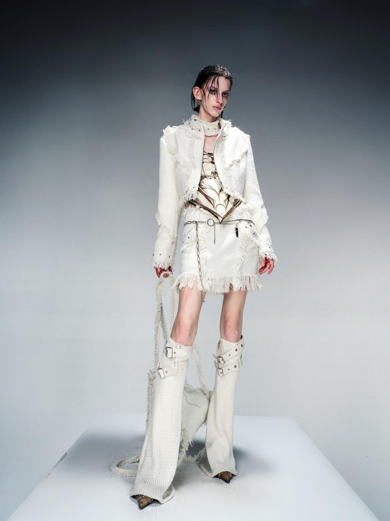 NORTH NODE Fringe Tassel Boucle Jacket And Skirt Women&