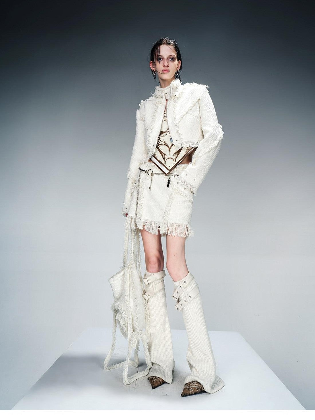 NORTH NODE Fringe Tassel Boucle Jacket And Skirt Women&