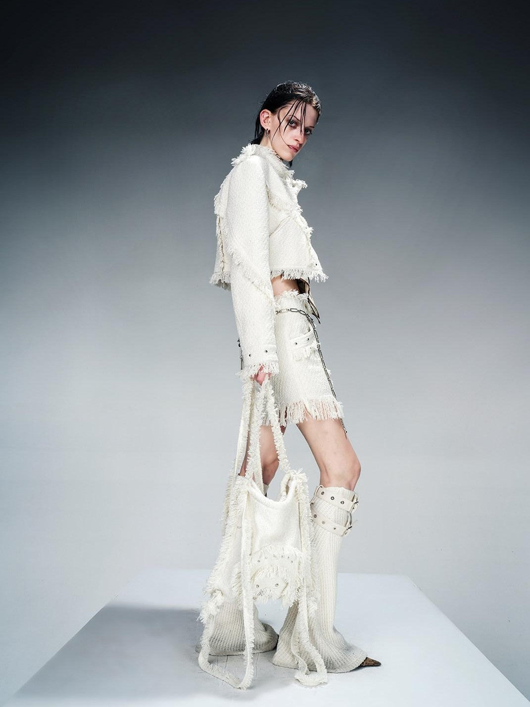 NORTH NODE Fringe Tassel Boucle Jacket And Skirt Women&