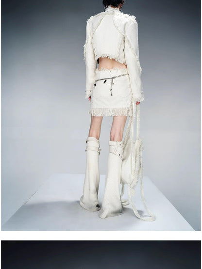 NORTH NODE Fringe Tassel Boucle Jacket And Skirt Women&