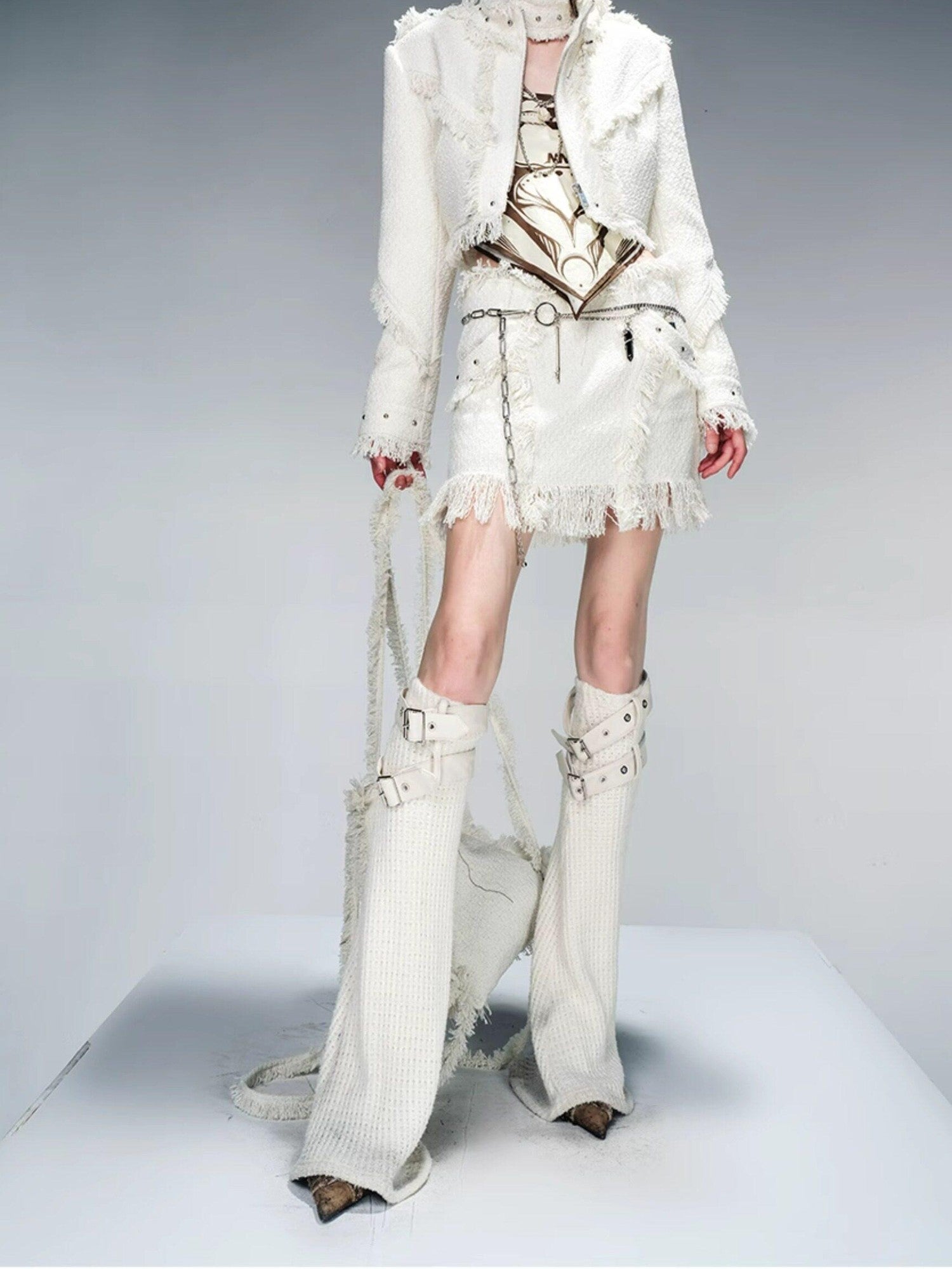 NORTH NODE Fringe Tassel Boucle Jacket And Skirt Women&