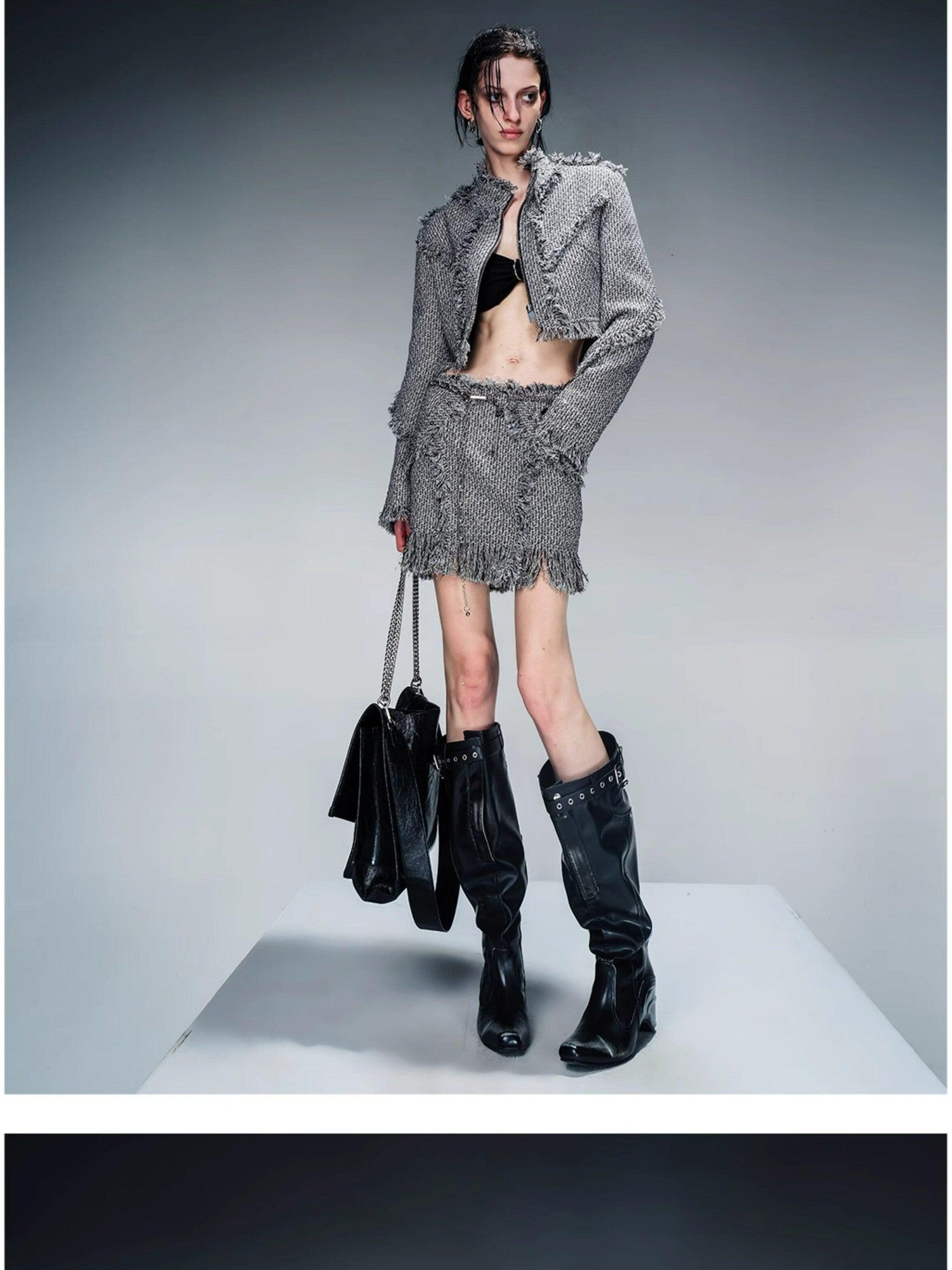 NORTH NODE Fringe Tassel Boucle Jacket And Skirt Women&