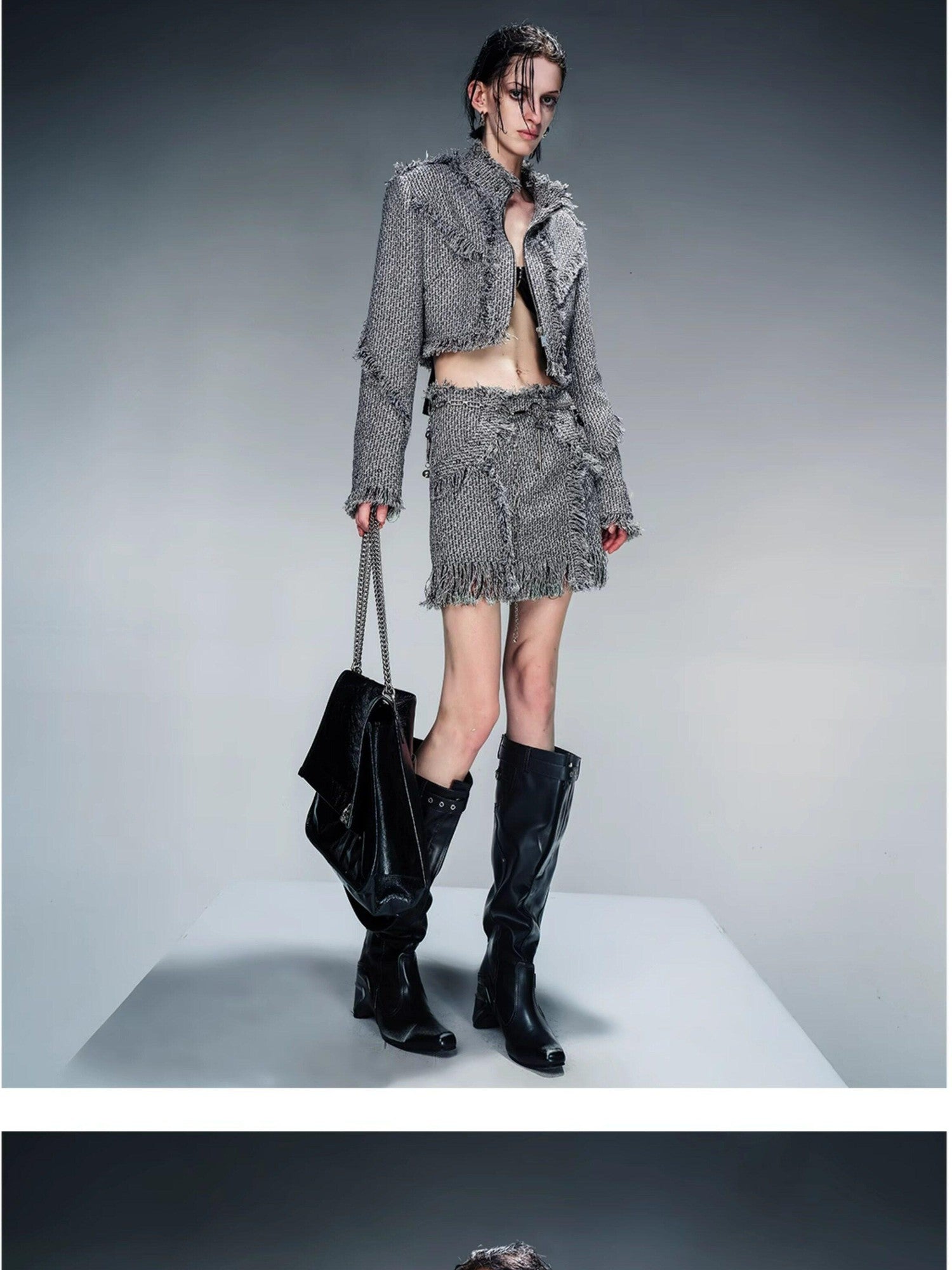 NORTH NODE Fringe Tassel Boucle Jacket And Skirt Women&