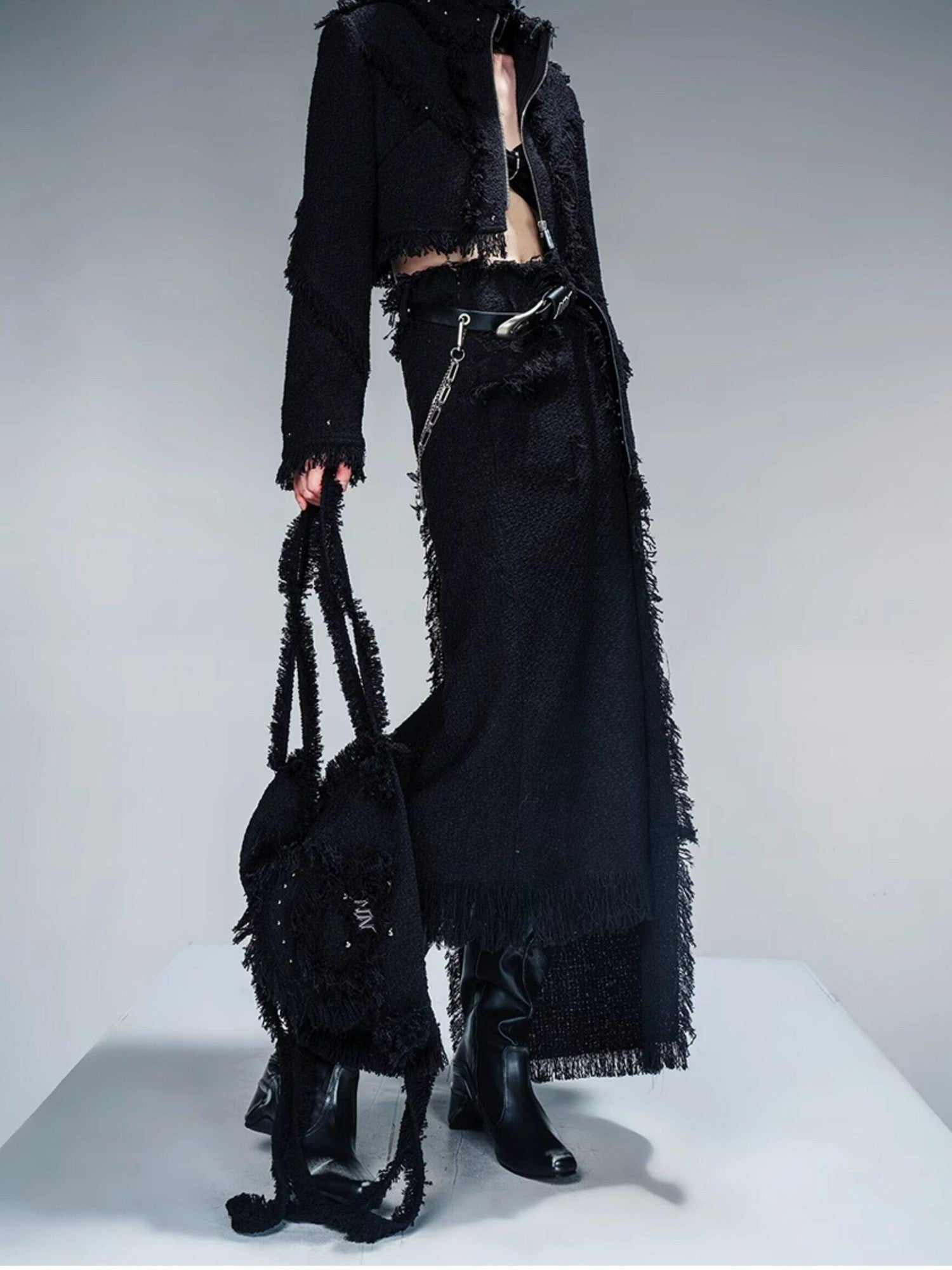 NORTH NODE Fringe Tassel Boucle Jacket And Skirt Women&
