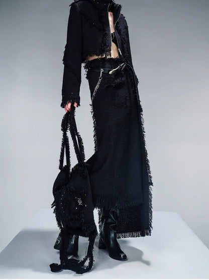 NORTH NODE Fringe Tassel Boucle Jacket And Skirt Women&
