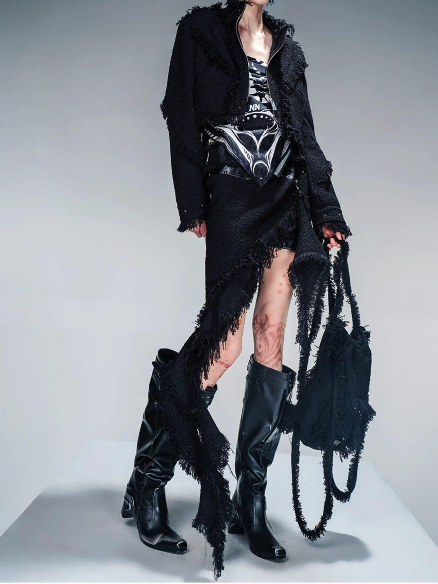 NORTH NODE Fringe Tassel Boucle Jacket And Skirt Women&