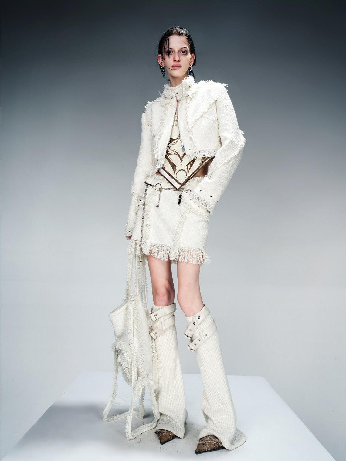 NORTH NODE Fringe Tassel Boucle Jacket And Skirt Women&