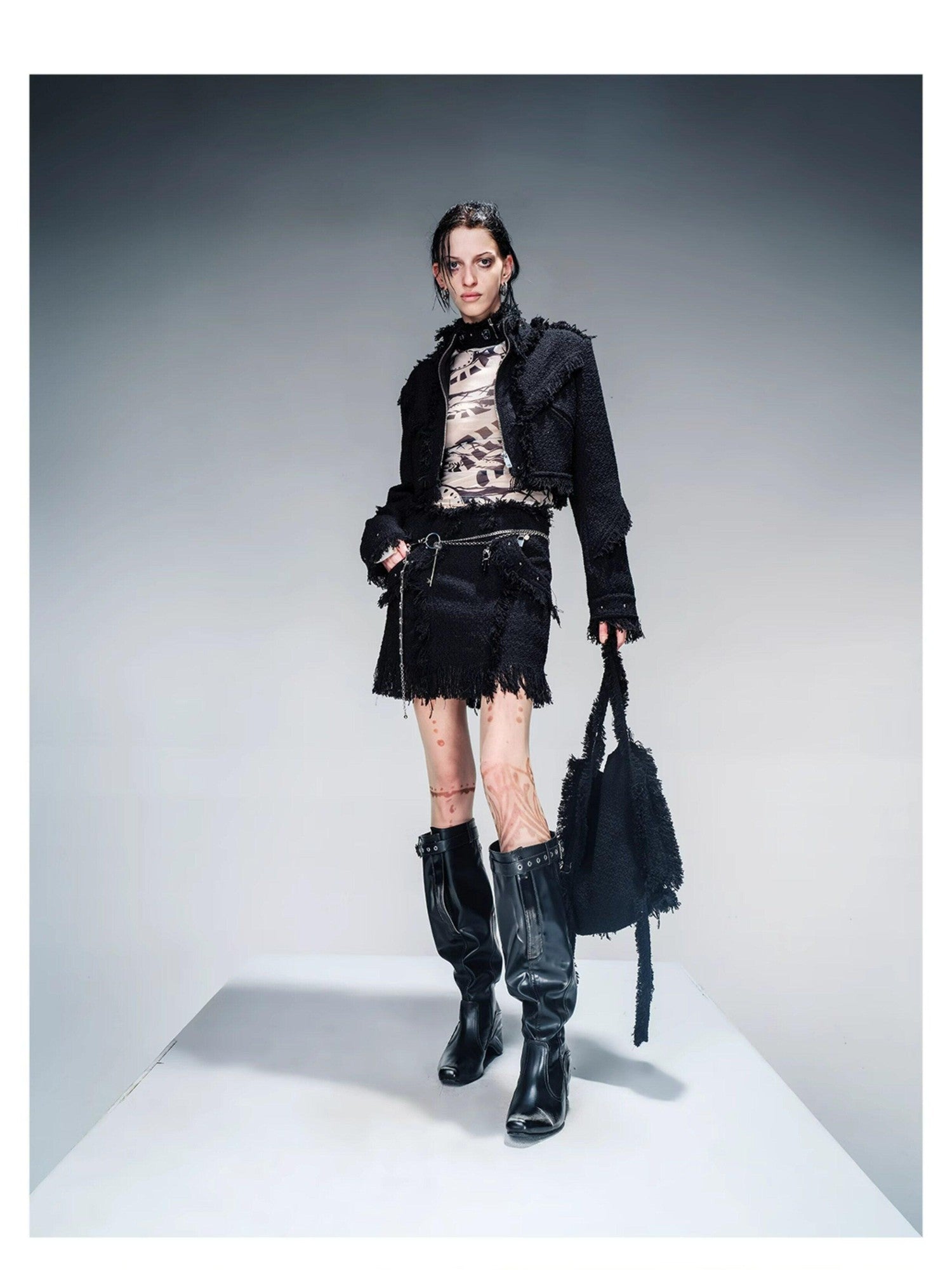 NORTH NODE Fringe Tassel Boucle Jacket And Skirt Women&
