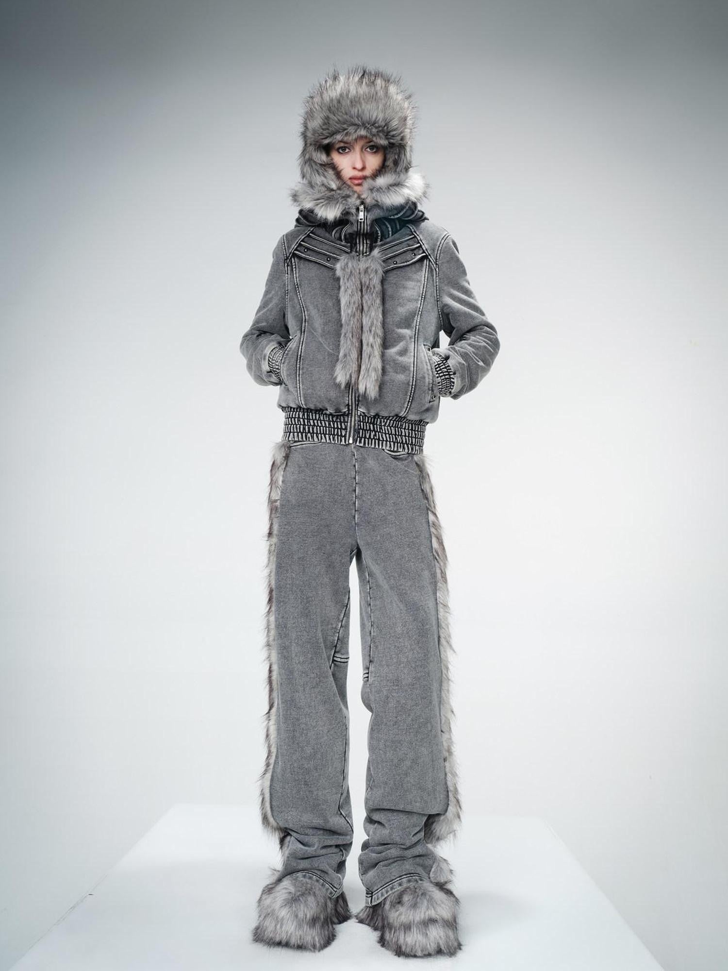 NORTH NODE Fur Collar Washed Quilted Hooded Women&
