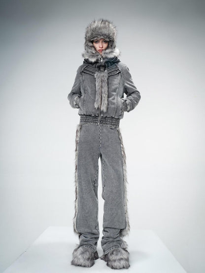NORTH NODE Fur Collar Washed Quilted Hooded Women&