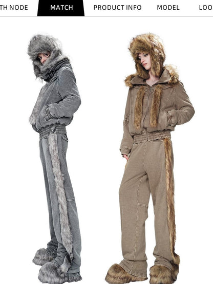 NORTH NODE Fur Collar Washed Quilted Hooded Women&