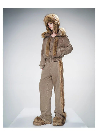 NORTH NODE Fur Collar Washed Quilted Hooded Women&