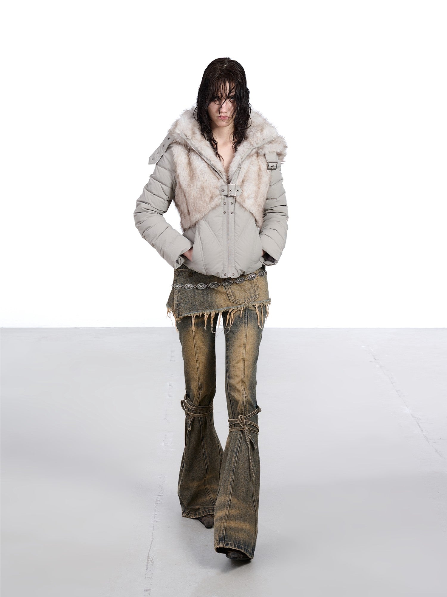 NORTH NODE Fur Splice Hooded Faux Two Piece Cropped Women&