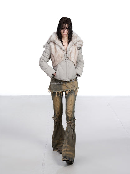 NORTH NODE Fur Splice Hooded Faux Two Piece Cropped Women&