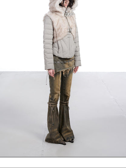 NORTH NODE Fur Splice Hooded Faux Two Piece Cropped Women&