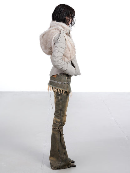 NORTH NODE Fur Splice Hooded Faux Two Piece Cropped Women&