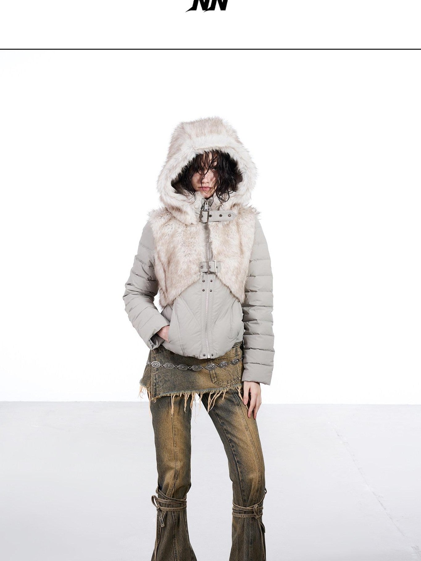 NORTH NODE Fur Splice Hooded Faux Two Piece Cropped Women&