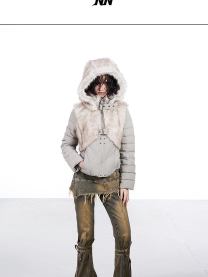 NORTH NODE Fur Splice Hooded Faux Two Piece Cropped Women&