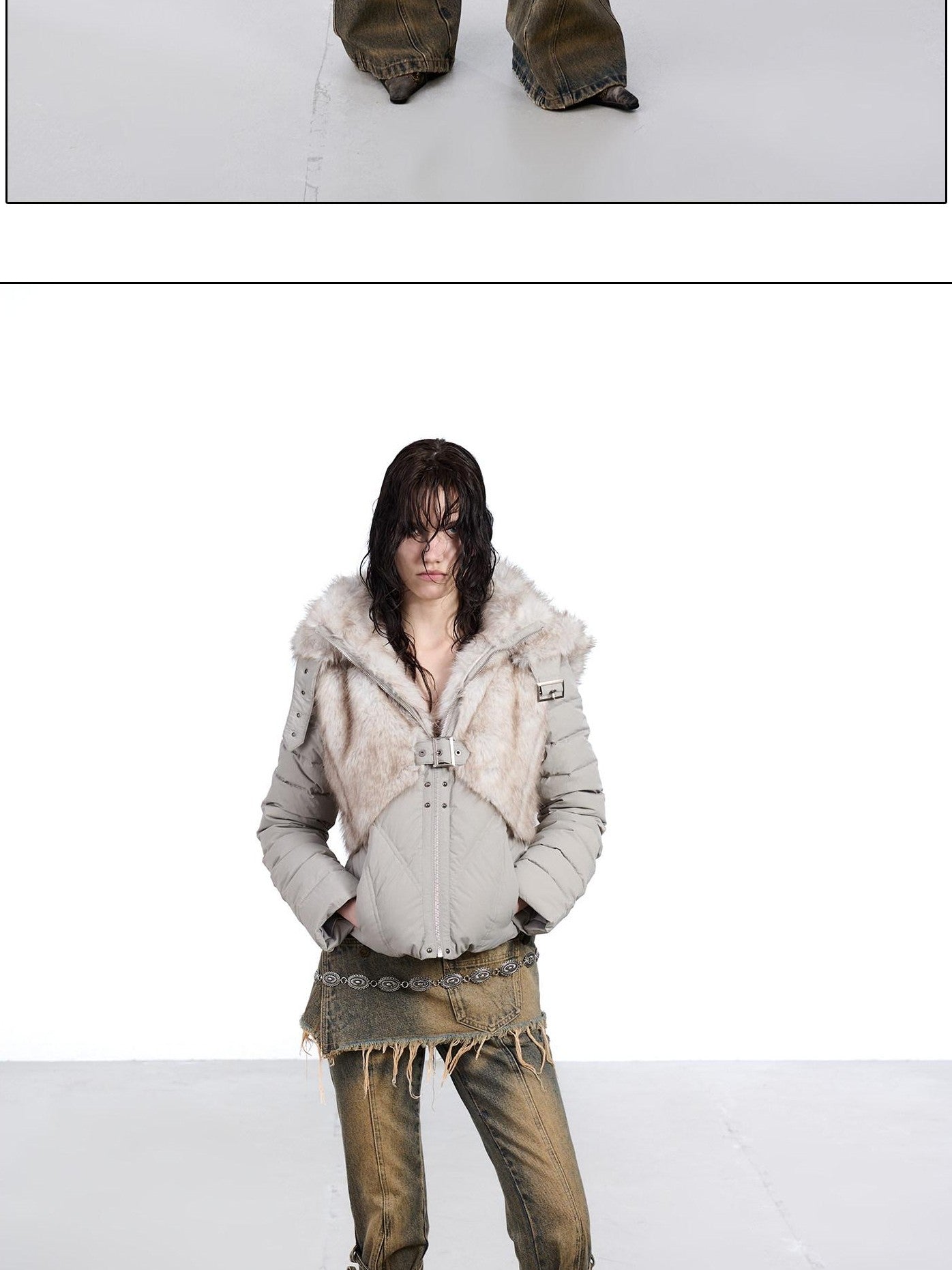 NORTH NODE Fur Splice Hooded Faux Two Piece Cropped Women&