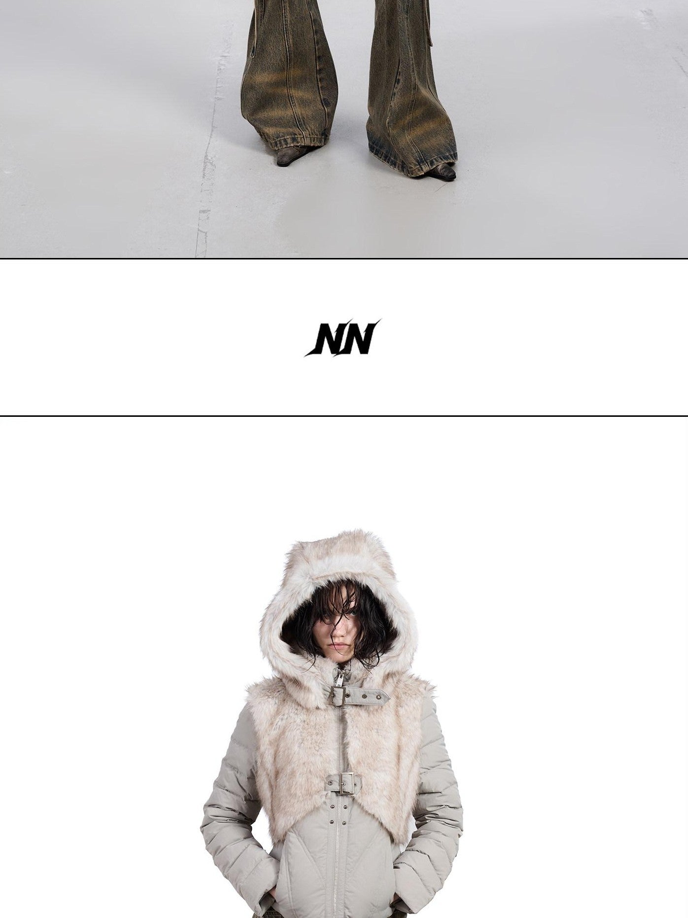 NORTH NODE Fur Splice Hooded Faux Two Piece Cropped Women&