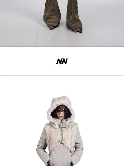NORTH NODE Fur Splice Hooded Faux Two Piece Cropped Women&