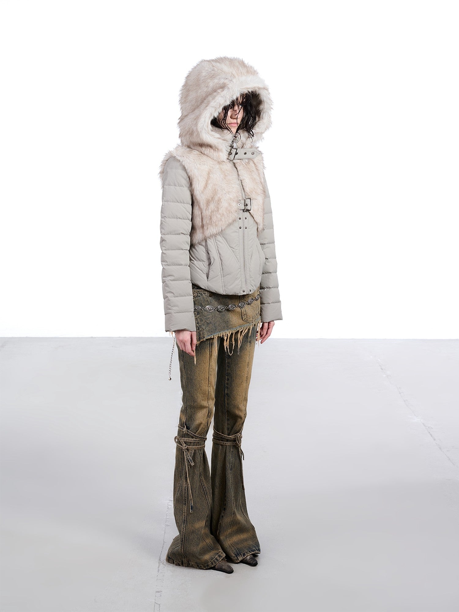 NORTH NODE Fur Splice Hooded Faux Two Piece Cropped Women&