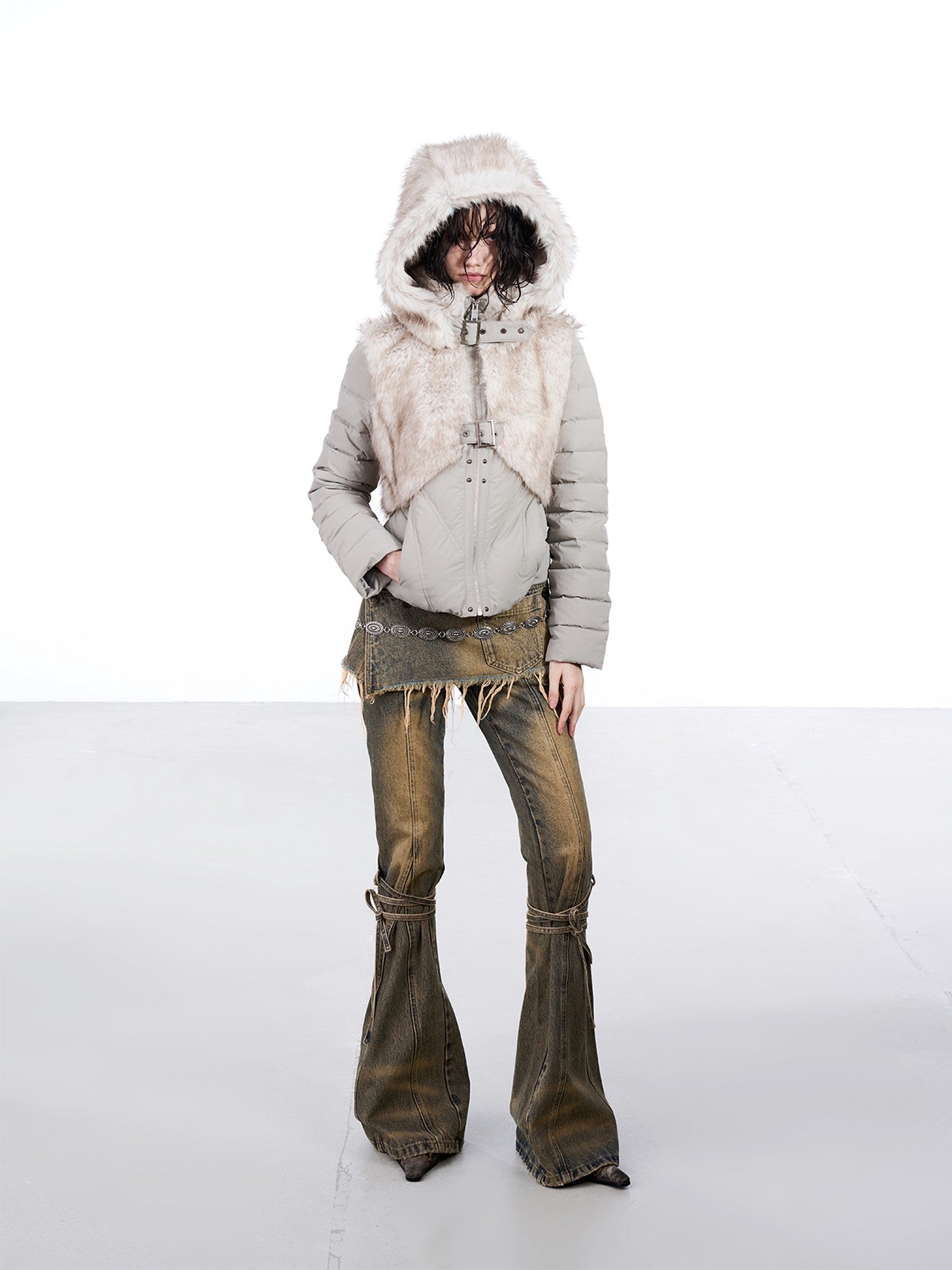 NORTH NODE Fur Splice Hooded Faux Two Piece Cropped Women&